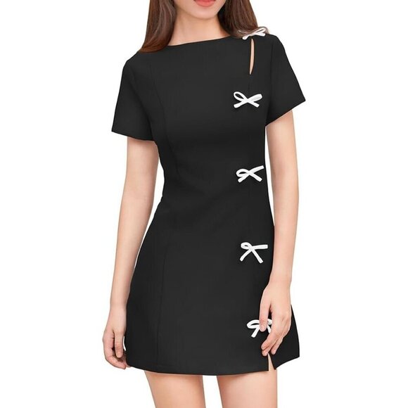 Dresses & Skirts - Women Black Short Sleeve Mini Dress with White Bow Details Elegant Party Outfit